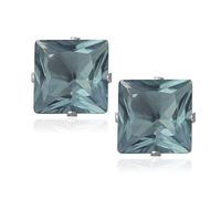 7MM Square Princess Cut CZ Birthstone Stud Earrings/Ear Studs for Women/Teenage/Girls - 925 Sterling Silver - Round Silver Earrings - Aqua Blue