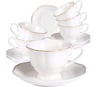 7OZ White Tea Cup and Saucer Set - Golden Edge Coffee Cup New Bone China Porcelain for Milk Latte Mocha and Cappuccino, Set of 6/12pcs