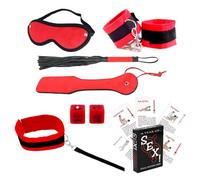 7Pc Adult Sex Toy Kit for Couples - Red Soft Velvet Bondage Set with Handcuffs, Blindfold, Flogger, Spanking Paddle, Collar and Leash, Sex Dice & Position Card Game or 6 pc Set (7 Pc Set)