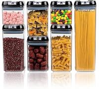 7pc Clear Airtight Food Storage Container Set with 10 Labels & 1 Marker - Kitchen & Pantry Containers - Ideal for Flour, Cereal, Spaghetti, Pasta & more, Black