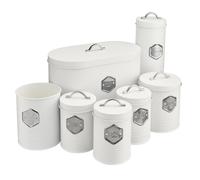 Cooks Professional 7 Piece Tea Coffee Sugar Bread Biscuit Pasta & Utensil Cannister Set | Labelled Storage Containers Tins with Airtight Lids for Kitchen Accessories & Essentials | White & Silver