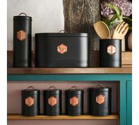 Cooks Professional 7 Piece Tea Coffee Sugar Bread Biscuit Pasta & Utensil Cannister Set | Labelled Storage Containers Tins with Airtight Lids for Kitchen Accessories & Essentials | Black & Copper