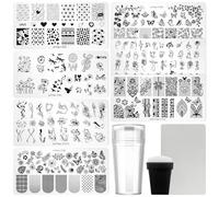 7pc Nail Stamping Plate Kit Butterfly Heart Letter Nails Stamp Plate Leaf Flower Nail Art Template Stencil Fingernail Polish Stamps Plates Set Silicone Stamper Scraper French Tips Nails Design Tools