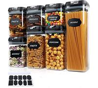 7pc Set Food Storage Container Sets - 1 Marker and 10 Labels included - Ideal for Cereal, Spaghetti, Dry Beans, Pasta, Nuts and Much More - Perfect for Kitchen or Pantry (Black)