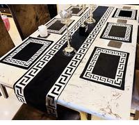 7PC set of Luxury Velvet Table Runner Greek Key+ 6pc Placemats((Velvet-Black & Gold/Silver key) (Black & Gold) (Black & Silver)