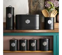 7pc Tea Coffee Sugar Biscuit Pasta Bread Bin Canisters Storage Jars Cooks Professional Black One Size