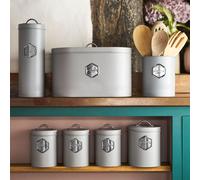 7pc Tea Coffee Sugar Biscuit Pasta Bread Bin Canisters Storage Jars Cooks Professional Grey One Size