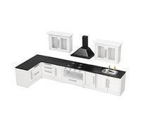 7pcs 1:12 Mini Dollhouse Kitchen Cabinet, Modern Dollhouse Kitchen Furniture Set with Working Doors and Drawers, Birch Wood Simulation Life Scene Kitchen for Adult