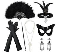 7Pcs 1920s Flapper Great Gatsby Accessories for Women, Roaring 20's Theme Accessories Set with Headband Gloves Necklace Earrings Mask Feather Folding Fan for Carnival Festival Party Fancy Dress