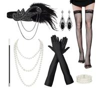 7PCS 1920s Flapper Great Gatsby Accessories Set, Roaring 20's Theme for Women with Headband Pearl Necklace Handheld Prop Black Gloves Sock Earrings Lace Fancy Dress Retro Carnival Festival Christmas