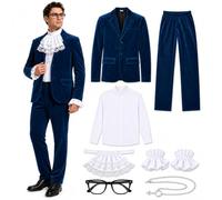 7PCS 60s Spy Swinger Costume Men Blue Velvet Suit for Halloween Cosplay | Blazer, Pants, Shirt, Glasses, Necklace, Cuffs, Lace Collar, Soft Velvet, Front Button, Elastic Waistband, Fancy Dress Party