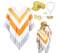 7Pcs 70s Fancy Dress Set for Women Retro Disco ABBA‘s Costume Accessories | Contains Poncho Sequin Beret Hat Bling Bracelet Sunglasses Earrings Necklace for 70s Retro Disco Theme Party Dress Up