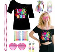 7Pcs 80s Costume Accessories Set, Ladies 1980s Fancy Dress with T-Shirt Fishnet Gloves Headband Lightning Earrings Bracelet Heart Glasses Retro Outfit for Woman Girls 90s Theme Party (Rainbow, S)