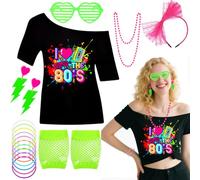 7Pcs 80s Costume Accessories Set, Ladies 1980s Fancy Dress with T-Shirt Fishnet Gloves Headband Lightning Earrings Bracelet Heart Glasses Retro Outfit for Woman Girls 90s Theme Party (Grenn, L)