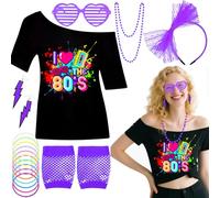 7Pcs 80s Costume Accessories Set, Ladies 1980s Fancy Dress with T-Shirt Fishnet Gloves Headband Lightning Earrings Bracelet Heart Glasses Retro Outfit for Woman Girls 90s Theme Party (Purple, 2XL)
