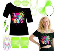 7Pcs 80s Costume Accessories Set, Ladies 1980s Fancy Dress with T-Shirt Fishnet Gloves Headband Lightning Earrings Bracelet Heart Glasses Retro Outfit for Woman Girls 90s Theme Party (Green, S)
