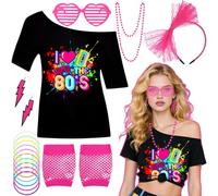 7Pcs 80s Costume Accessories Set, Ladies 1980s Fancy Dress with T-Shirt Fishnet Gloves Headband Lightning Earrings Bracelet Heart Glasses Retro Outfit for Woman Girls 90s Theme Party