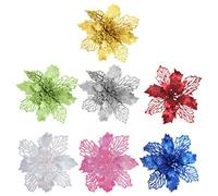 7pcs Artificial Poinsettia Flowers Red Glitter Poinsettia Christmas Tree Ornaments Wreath Flower Arrangement Decorations
