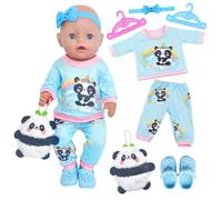 7Pcs Baby Doll Clothes for 14-18inch Doll 30-45cm Baby Doll, Blue Panda Long-Sleeved top with Pants Headwear Crocs Doll Keychain 2 hanger for Kids Friends Girls Birthday Sweet Cartoon Doll Clothes