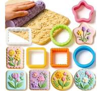 7Pcs Baking Cookie Cutters Shapes Flower Texture Roller Star Round Rectangle Square Scalloped Cookie Cutter Set for Baking Fondant Cutters Plastic Biscuit Cutter Floral Embossing Roller Cookies Mold
