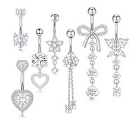 7pcs Belly Button Bars,Belly Bar 14G Navel Bars,Dangly Belly Button Piercing Jewellery,Silver Stainless Steel Belly Bars with Flower Butterfly Heart Navel Piercing Jewelry for Women Girls (Silver)