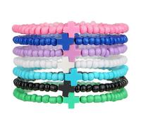 7Pcs Bohemia Colorful Cross Beaded Stackable Bracelets Handmade Multilayer Clay Cross Stretch Bracelet Preppy Friendship Bangles for Women Men Faith Prayer Catholic Jewelry Gifts, M, Resin, no