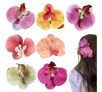 7Pcs Butterfly Orchid Hair Clip Cute Sweet Colorful Hawaiian Flower Hair Clips for Women Girls Tropical Flower Clips with Pearl for Wedding Summer Beach Party, Hawaiian