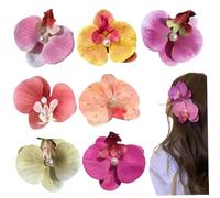 7Pcs Butterfly Orchid Hair Clip Cute Sweet Colorful Hawaiian Flower Hair Clips for Women Girls Tropical Flower Clips with Pearl for Wedding Summer Beach Party