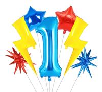 7pcs Cartoon Hedgehog Birthday Balloons - 40inch Blue Number 1 Balloon - Starburst Balloons for Happy Birthday Decorations - Circus Theme Party Decoration