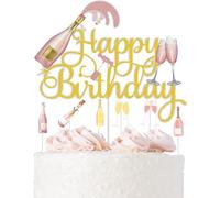 7Pcs Champagne Happy Birthday Cake Toppers Cheers to 21 30 40 50 60 Years Theme Birthday Party Decoration Supplies Gold Pink Glitter Beers Wine Glass Cake Decor Celebrating for Men Women