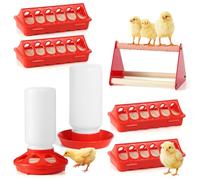 7PCS Chick Feeder and Waterer Kit with Wooden Perch | Automatic Chicken Waterer and Feeder, Durable Baby Poultry Supplies for Ducks, Quail, Chicks - Red