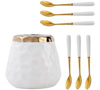 7Pcs Coffee Spoons Set,Ceramic Jar with 6 Spoons,Dessert Spoons Set with Holder, Creative Tea Spoon Set for Coffee Ice Cream Cakes Dessert Party (White gold jar+6 spoons)