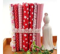 7Pcs Cotton Fabric Squares for Sewing, Red, 25x25cm, Floral Polka Dot Striped Pattern, DIY Patchwork Quilt Crafting