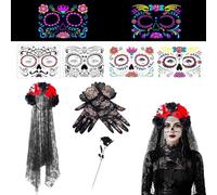 7PCS Day Of The Dead Costume, Black Veil Brides Day Of The Dead Headband Veil Face Stickers Lace Gloves And Fake Black Rose For Women Ladies Costume Accessories