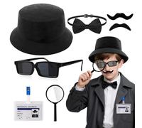 7PCS Detective Costume Accessories Set for Kids, View Glasses Hat Fake Beard Bow Tie Magnifying Glass ID Badge Kids Detective Kit for Fancy Dress for Halloween Role Play Dress up