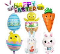 7pcs Easter Balloons, Easter Party Decoration, Large Bunny Carrot Chick Hen Foil Balloons for Kids Spring Party Decorations