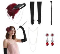 7PCS Feather Fascinator Headband 1920s Flapper Accessories Set Fancy Dress Faux Pearls Necklace Sparkly Earrings Long Black Gloves Extendable Handheld Props Gatsby Ascot Cosplay Party Hair Accessory