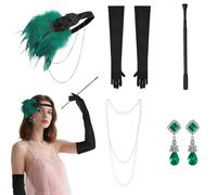 7PCS Feather Fascinator Headband 1920s Flapper Accessories Set Fancy Dress Faux Pearls Necklace Sparkly Earrings Long Black Gloves Extendable Handheld Props Gatsby Ascot Cosplay Party Hair Accessory
