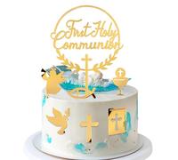 7pcs First Holy Communion Cake Toppers Cross Glitter Gold Acrylic Cupcake Toppers Bible Fish Dove Grail Cake Picks Decoration for Communion Christening Baptism Baby Shower Birthday Wedding