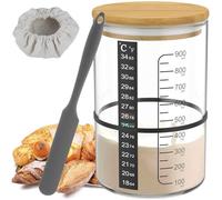 7Pcs Glass Sourdough Starter Jar Kit with Scale Thermometer Paper,900ml Heat Resistant Sourdough Starter Container with Wooden Lid and Cloth Cover,Reusable Wide Mouth Sourdoughs Jar for Fermentation