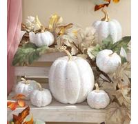 7PCS Gold Glitter Pumpkin Decor Set, Metallic Sequined Plastic Pumpkins for Autumn Home Decoration, Harvest Display Props, Thanksgiving Table Centrepieces(white)