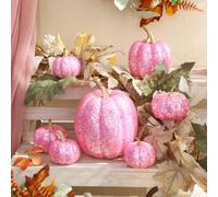 7PCS Gold Glitter Pumpkin Decor Set, Metallic Sequined Plastic Pumpkins for Autumn Home Decoration, Harvest Display Props, Thanksgiving Table Centrepieces(Red Red)