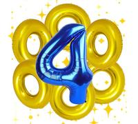 7PCS Gold Ring Balloons, 28'' Golden Circles and Number 4 Blue Foil Balloon for Kid Birthday Party, Blue Hedgehog Carnival Theme Decorations Supplies.(Number 4)