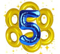 7PCS Gold Ring Balloons, 28'' Golden Circles and Number 5 Blue Foil Balloon for Kid Birthday Party, Blue Hedgehog Carnival Theme Decorations Supplies.(Number 5)