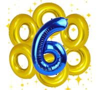 7PCS Gold Ring Balloons, 28'' Golden Circles and Number 6 Blue Foil Balloon for Kid Birthday Party, Blue Hedgehog Carnival Theme Decorations Supplies.(Number 6)