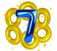 7PCS Gold Ring Balloons, 28'' Golden Circles and Number 7 Blue Foil Balloon for Kid Birthday Party, Blue Hedgehog Carnival Theme Decorations Supplies.(Number7)