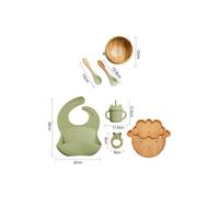 (7pcs Green set-03) Wooden Dinner Plate Feeding Supplies Bamboo Baby Tableware Silicone Suction Plate Bowl BPA Free Baby Stuff Newborn Accessories