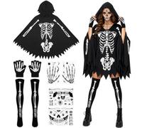 7pcs Halloween Skeleton Costume for Women,Black Poncho Skeleton Cape Set | Ghost Vampire Bat Poncho with Hood, Bone Print Cape, Gloves, Long Socks & Face Stickers for Halloween Party, Cosplay