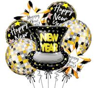 7pcs Happy New Year Balloons, 22 Inch Disco Ball Balloons, Black And Gold Foil Mylar Balloon For New Years Eve Party Supplies 2026