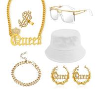 7pcs Hip Hop Costume Accessories, 80s 90s Hip Hop Queen Outfits Kit, Fancy Dress Set with White Bucket Hat Necklace for Women DJ Punk Rapper Cosplay Theme Party Halloween Carnival Stage Performance